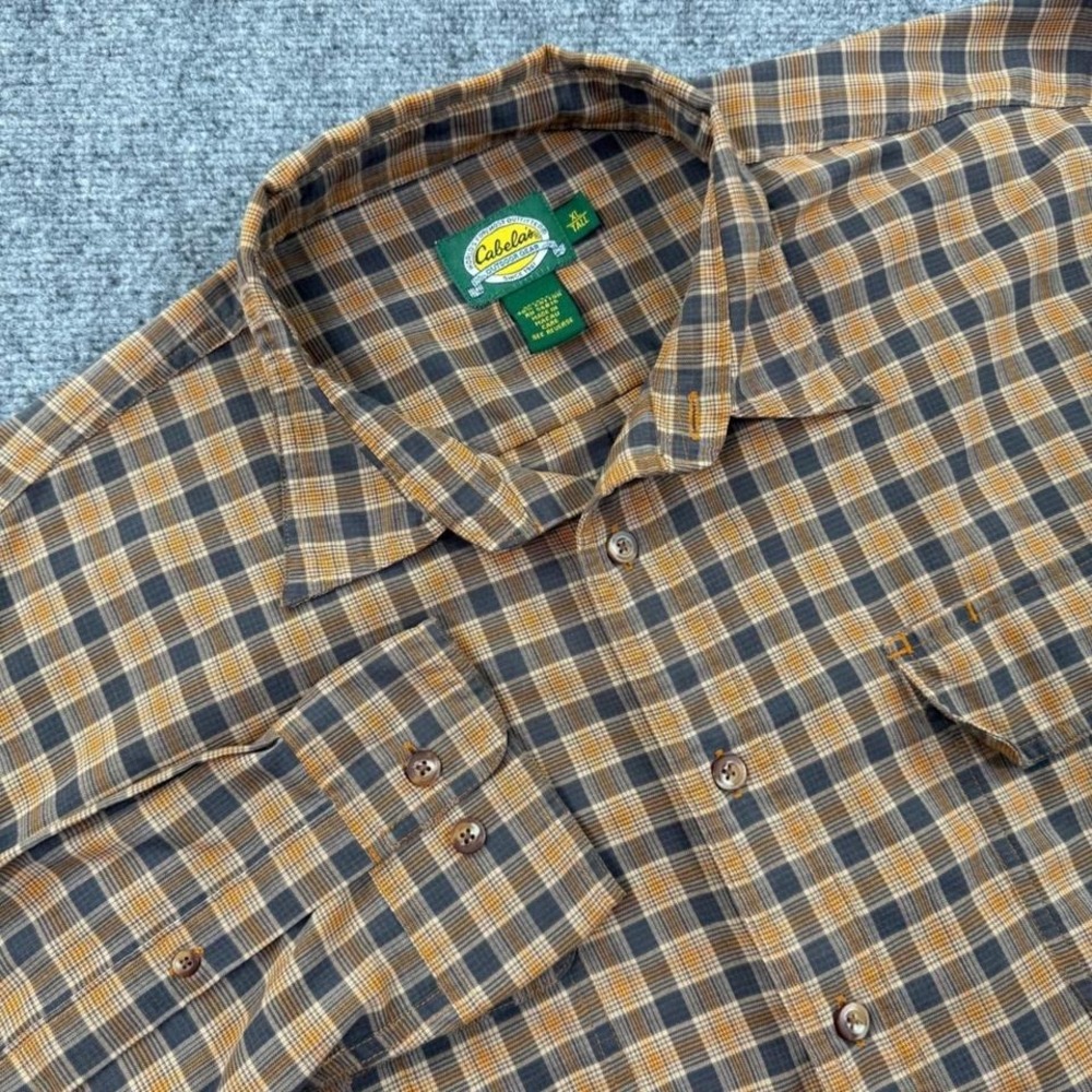 Cabelas Button Up Shirt XL Tall Brown Plaid Elbow Patch Long Sleeve Men's
